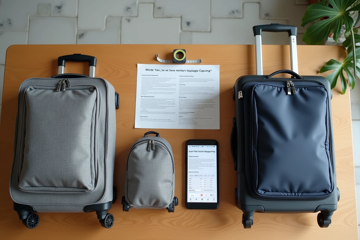 Vue à plat de valises et bagages cabine avec un ruban à mesurer et une fiche de règles de bagages compagnie aérienne sur une table