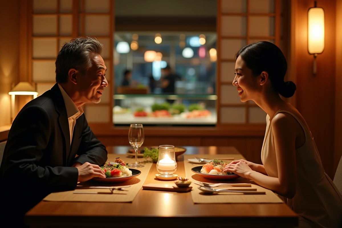 Couple &eacute;l&eacute;gant d&eacute;gustant un sushi dans un restaurant traditionnel japonais
