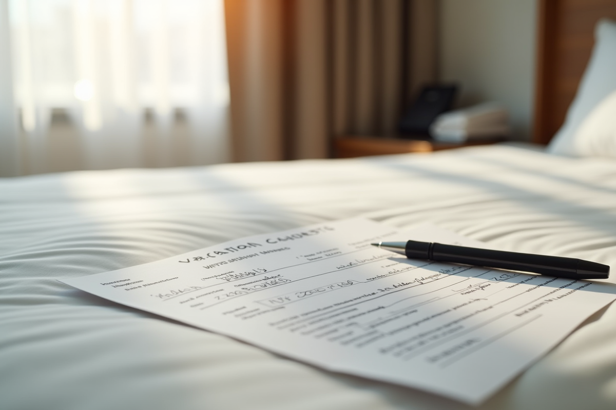 Chèques vacances et documents de réservation sur un lit d