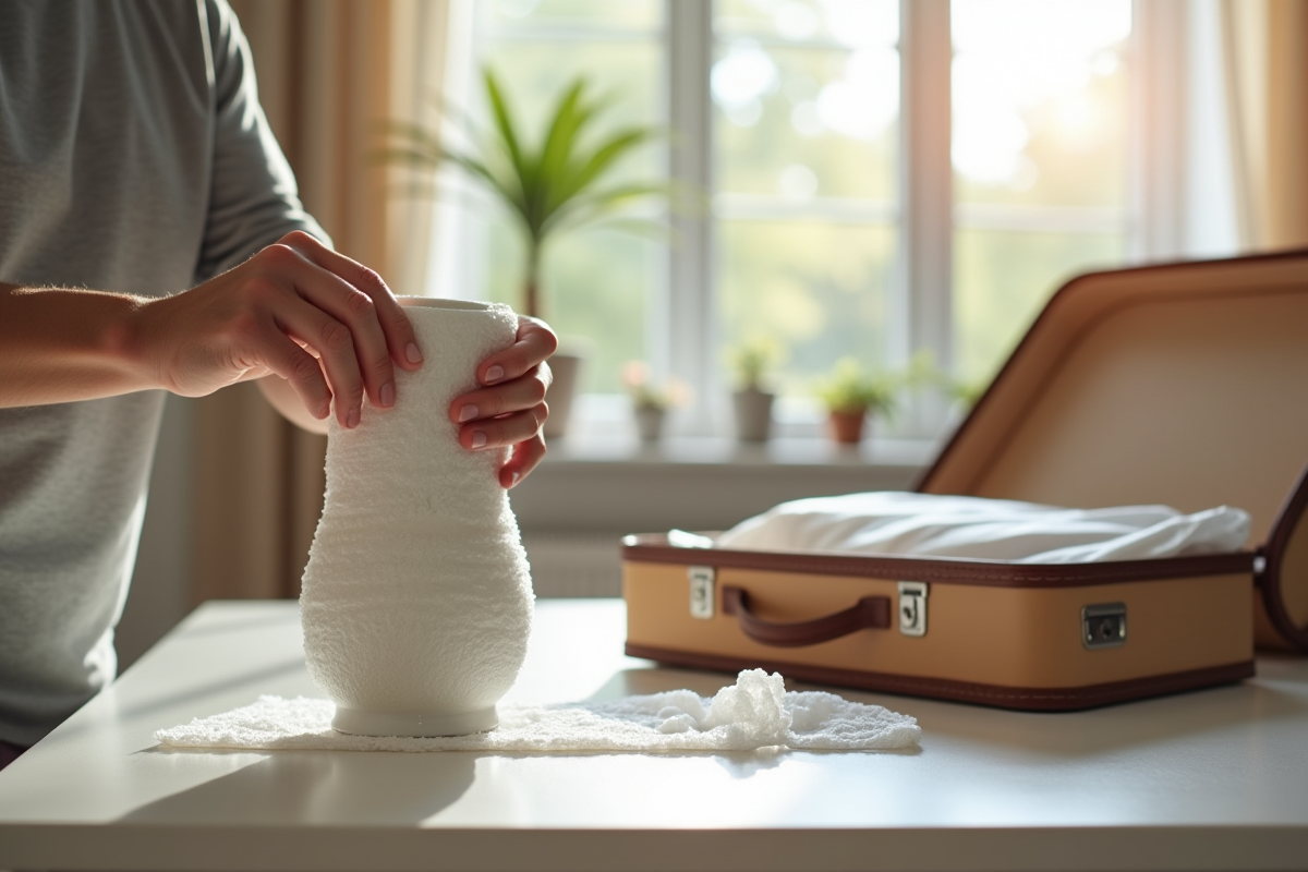 Personne emballant une porcelaine fragile avec du papier bulle