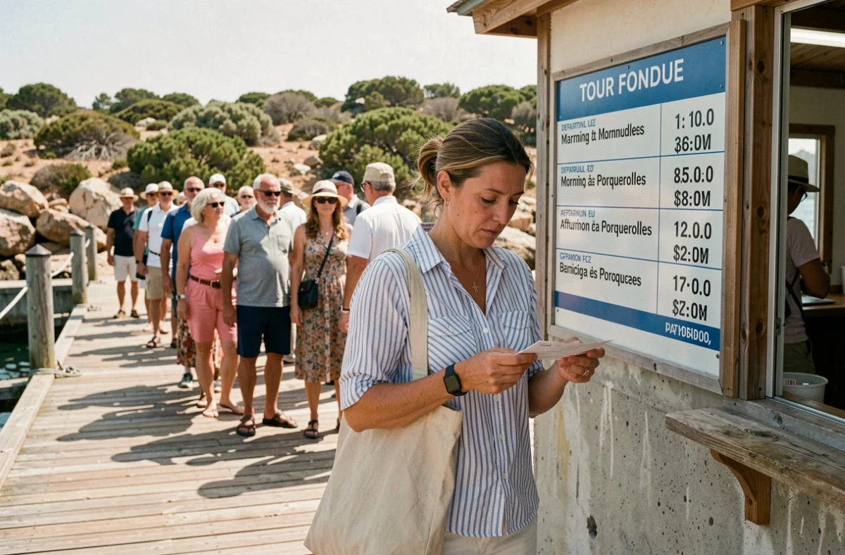 File d'attente devant l'embarcadère de la Tour Fondue avec tableau des horaires de bateaux pour Porquerolles