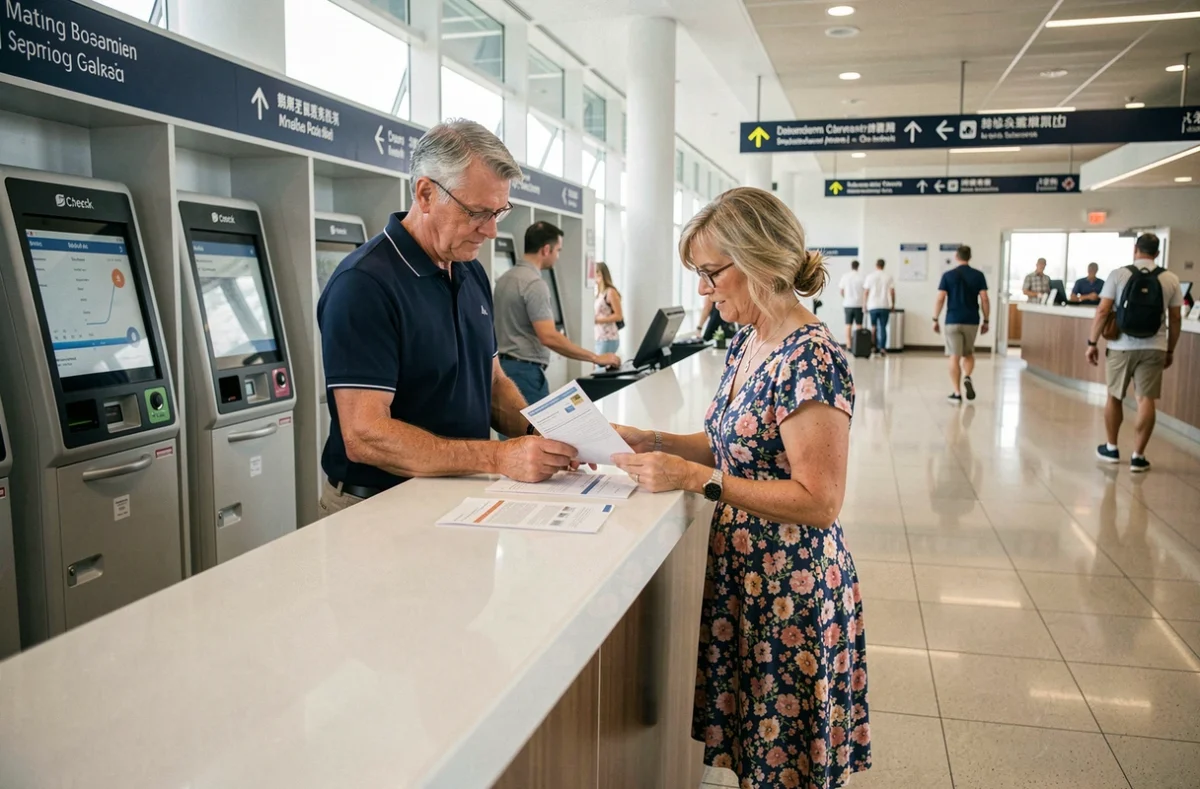 Couple vérifiant les documents sanitaires au comptoir d'embarquement d'une croisière Costa après le Covid