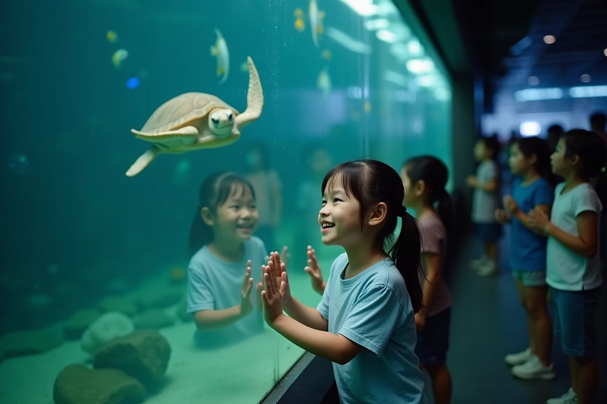Enfants émerveillés devant les poissons tropicaux dans un aquarium moderne à Kuala Lumpur