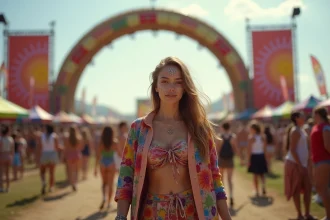 Jeune femme en tenue de festival à l'entrée de Tomorrowland, portant un bracelet d'accès et affichant un sourire enthousiaste devant les arches décoratives du site