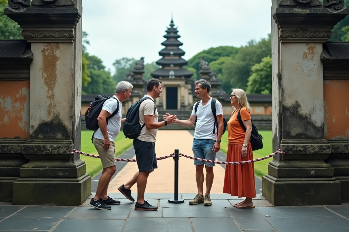 Groupe de touristes franchissant par erreur une barrière de délimitation sacrée dans l'enceinte du temple de Taman Ayun à Bali