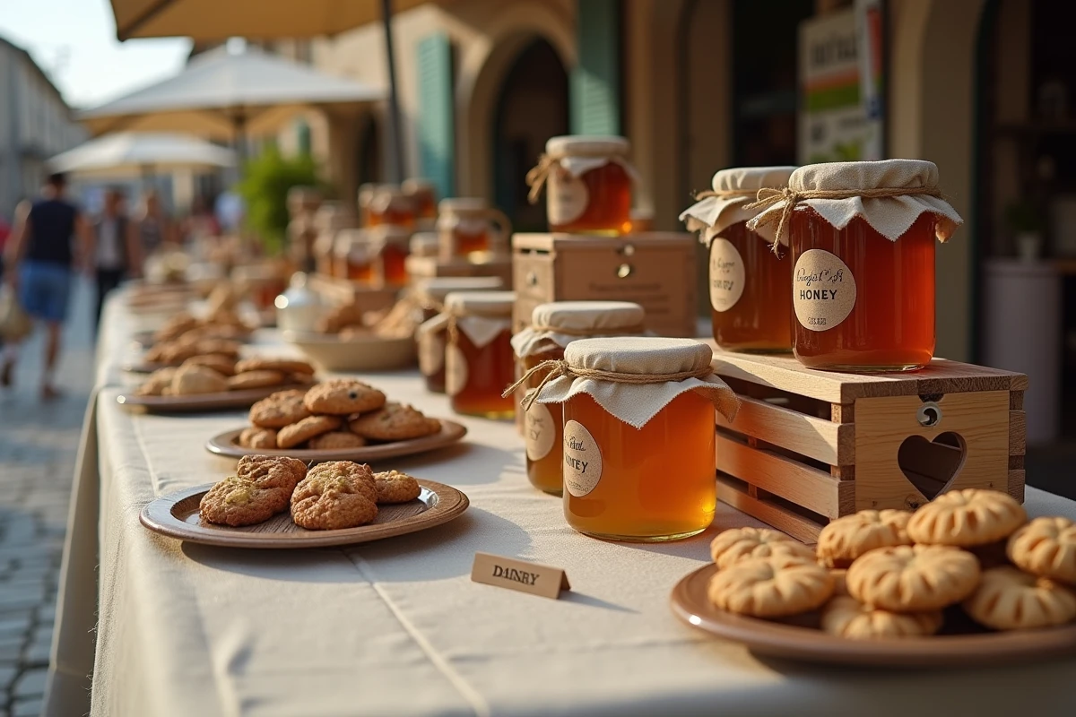 Gros plan sur un étal artisanal de miels et confitures locales au marché de Fort Mahon en 2026