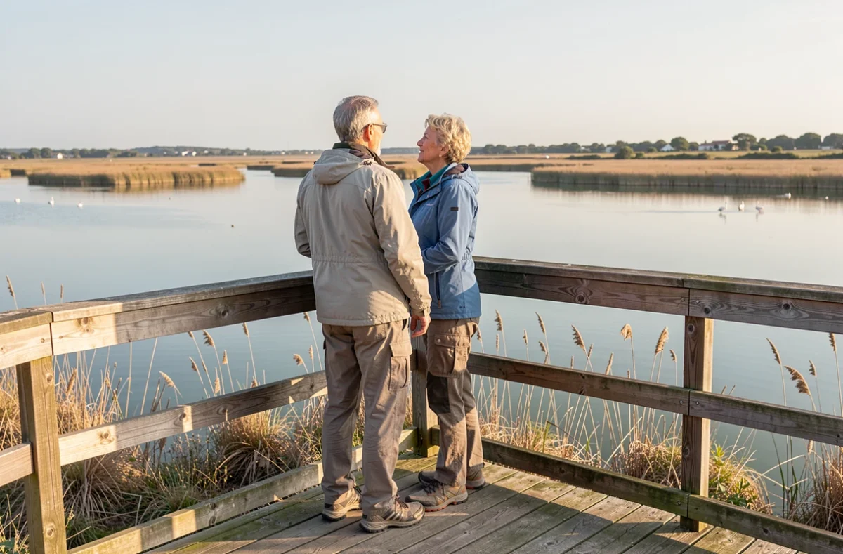 Couple observant les flamants roses et l'étang de l'Or depuis un belvédère en bois lors d'une balade à Mauguio