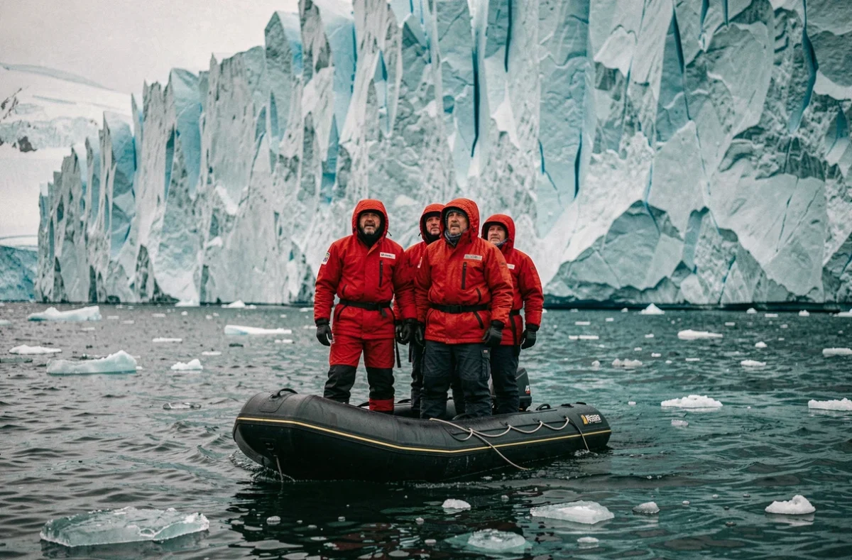 Passagers en zodiac devant un glacier en Antarctique lors d'une excursion Ponant