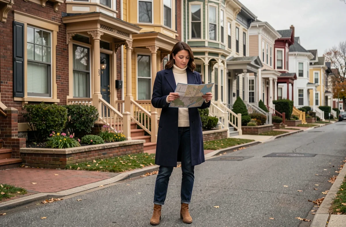 Femme explorant seule les rues historiques du quartier St. George à Staten Island avec une carte papier