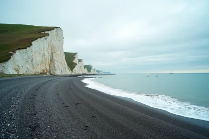 Falaises d'Étretat en Normandie avec plage de galets et mer gris-vert sous ciel nuageux