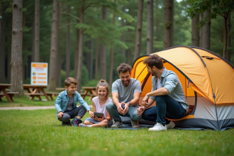 Famille heureuse installant une tente en camping nature
