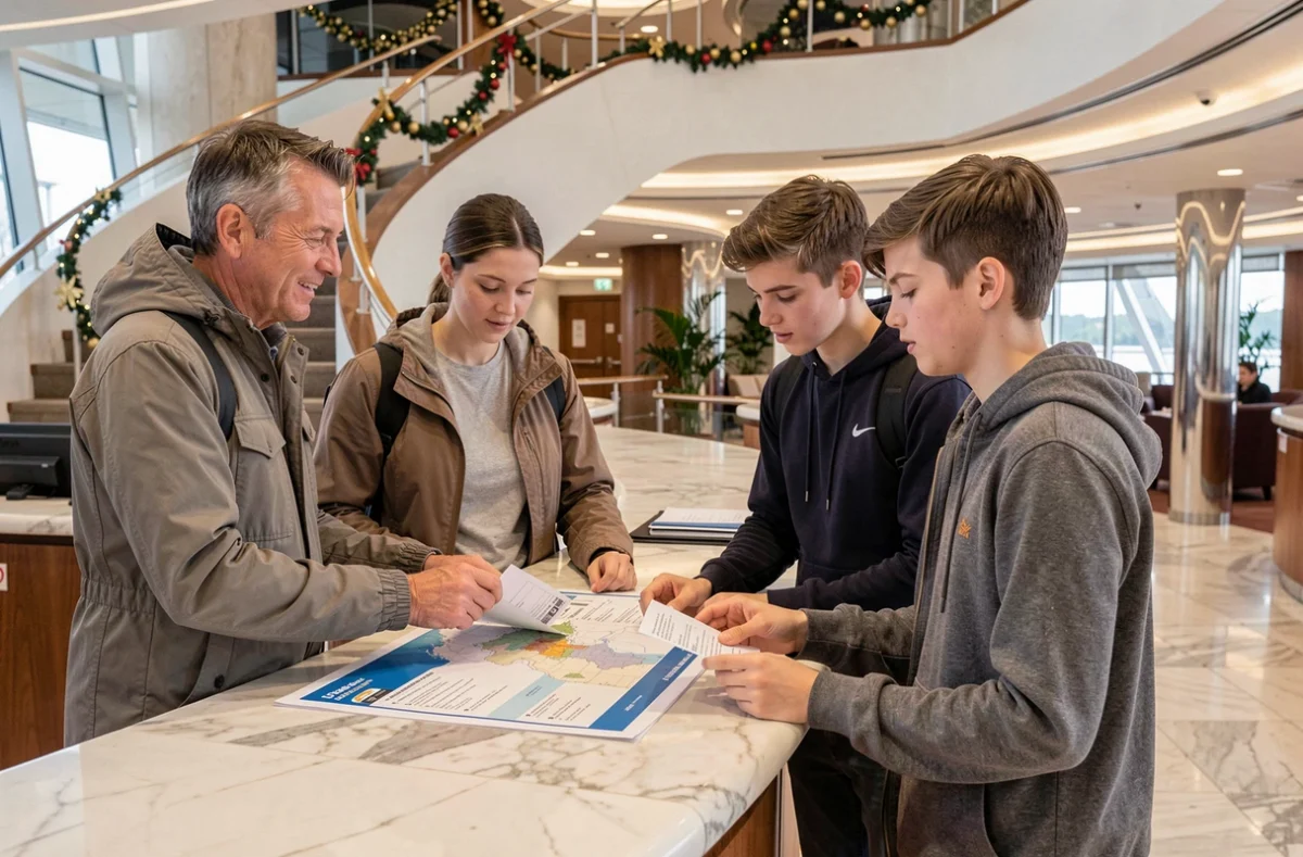 Famille consultant les documents d'embarquement au comptoir d'accueil d'un paquebot de croisière pour le réveillon