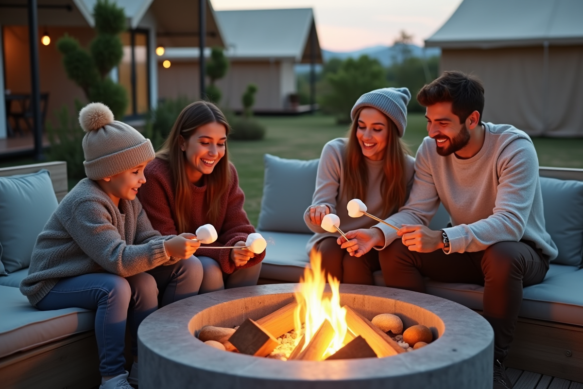 Famille de quatre autour d un feu de camp en camping haut de gamme