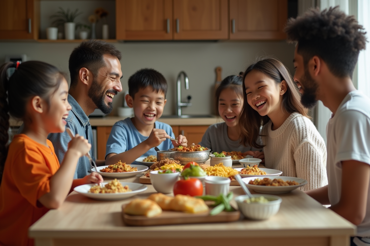 Famille multiculturelle partageant un repas à la maison