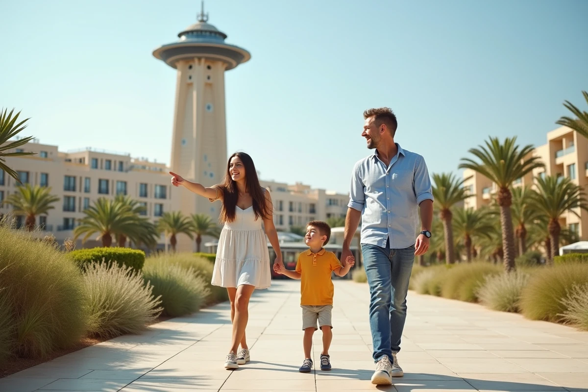 Famille maltaise explorant un parc écologique avec attractions modernes