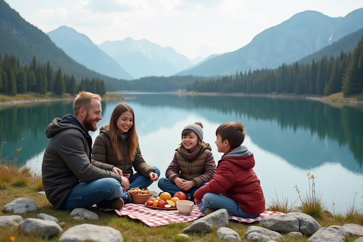 Famille en pique-nique au bord du lac en montagne