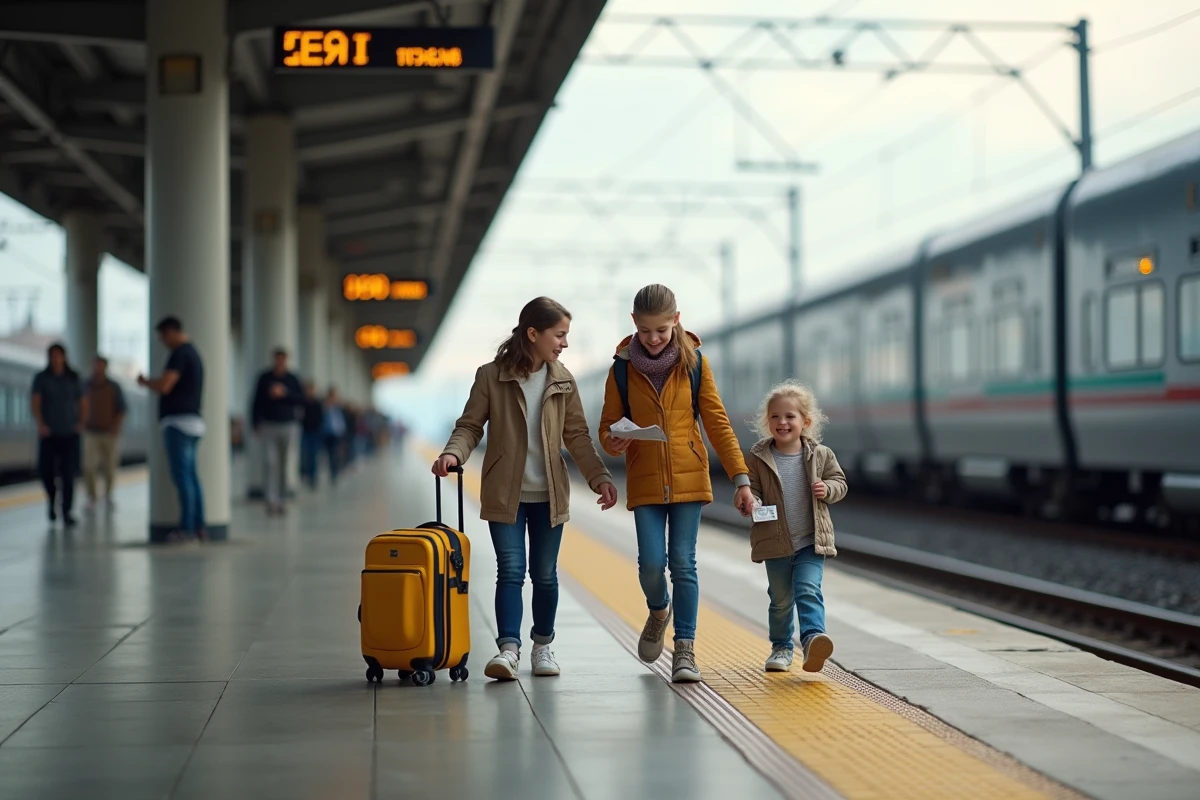 Mère et enfants sur plateforme train en préparation