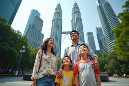 Famille avec enfants admirant les Tours Petronas à Kuala Lumpur, capitale de la Malaisie