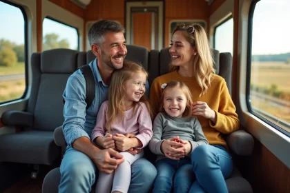 Famille souriante dans train voyage en famille