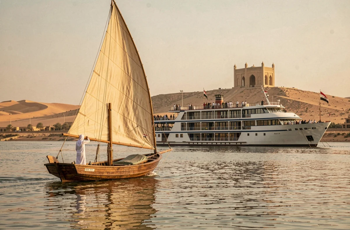 Felouque traditionnelle et bateau de croisière sur le Nil près d'Assouan en Égypte