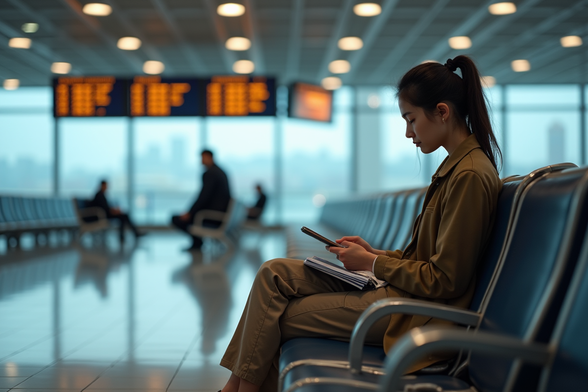 Jeune femme assise dans un terminal d