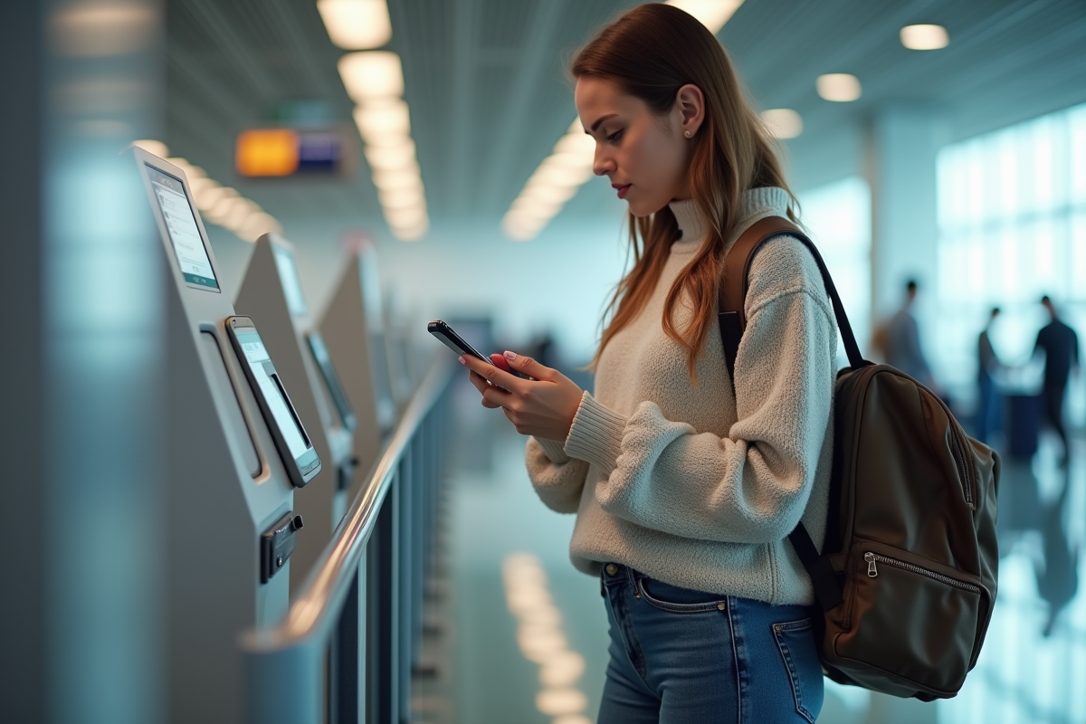Jeune femme à l'aéroport avec carte d'embarquement numérique