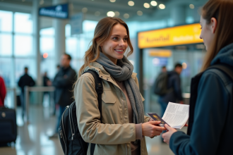 Jeune femme belge à l'aéroport avec passeport et documents