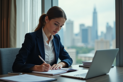 Femme d'affaires prenant des notes dans un hôtel moderne