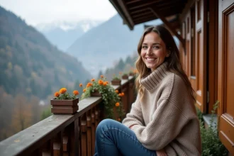 Femme souriante sur le balcon avec vue sur Alpes bavaroises