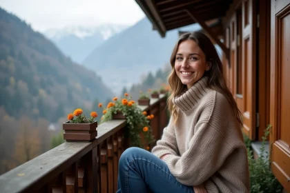 Femme souriante sur le balcon avec vue sur Alpes bavaroises