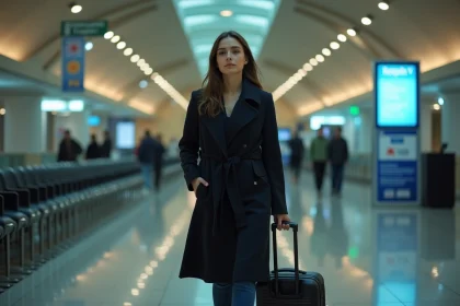 Jeune femme avec valise &agrave; l'a&eacute;roport Mohammed V la nuit