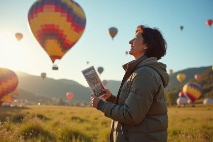 Femme souriante regardant vers le ciel avec des ballons d'air chaud