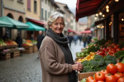 Femme basque souriante dans un march&eacute; traditionnel
