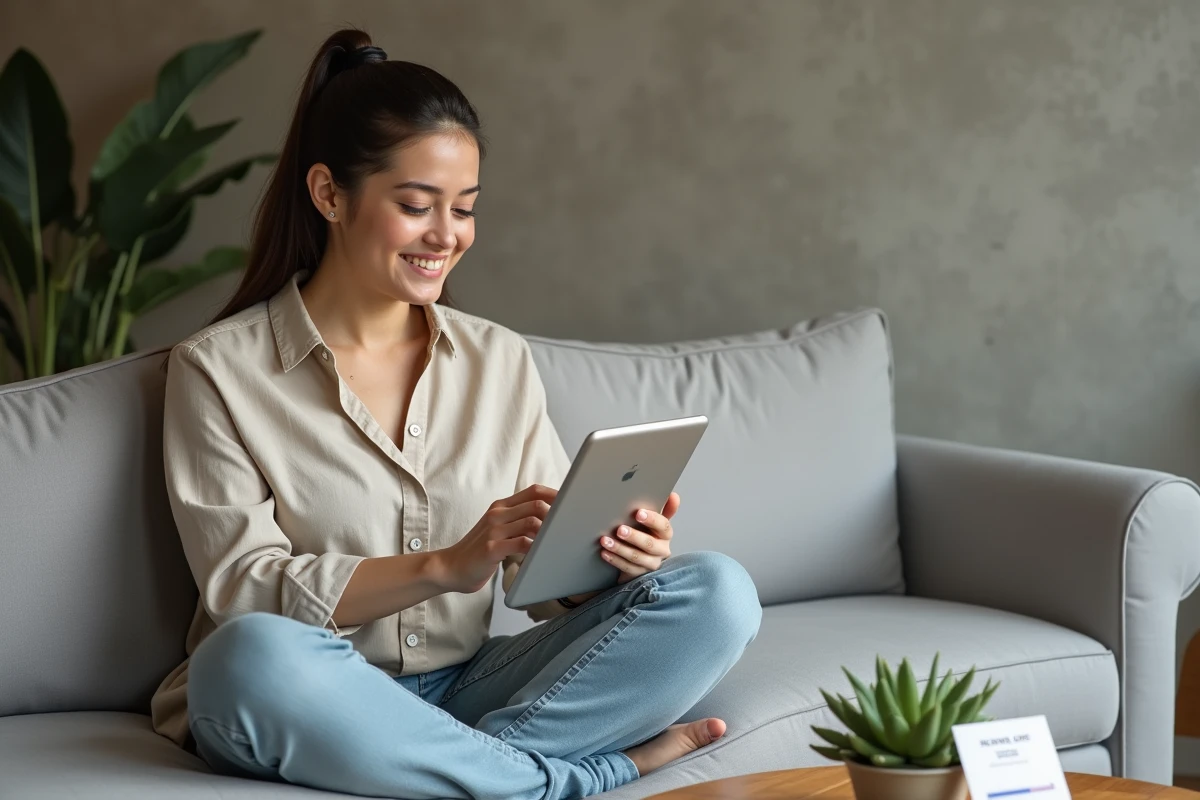 Jeune femme consultant les bénéfices du OneStrip Aguila sur tablette dans son salon