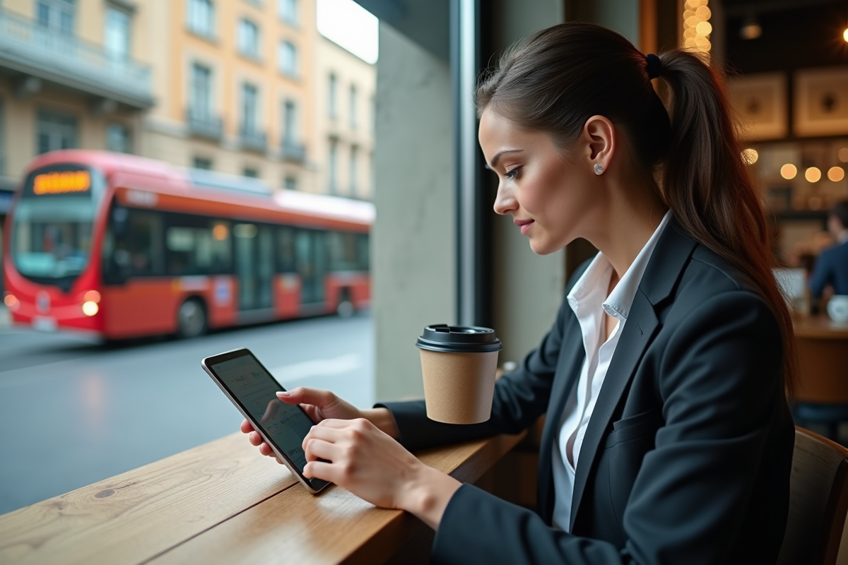 Jeune femme avec smartphone et café dans un café urbain