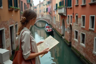 Femme tenant une carte touristique sur un pont de ruelle vénitienne avec canal en arrière-plan, voyage à Venise petit budget