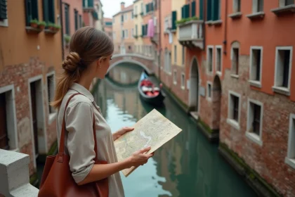 Femme tenant une carte touristique sur un pont de ruelle vénitienne avec canal en arrière-plan, voyage à Venise petit budget