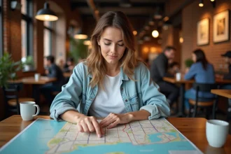 Femme consultant une carte de ville américaine dans un café pour planifier son itinéraire de voyage