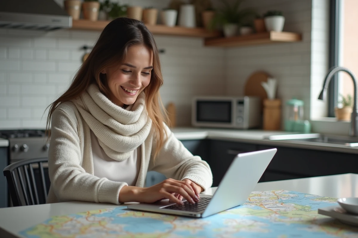Jeune femme consulte une tablette et une carte dans la cuisine