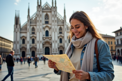 Femme découvrant le Duomo de Milan avec carte en main