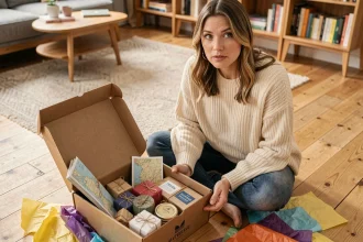 Femme découvrant le contenu d'une box voyage entourée de cadeaux et de produits régionaux sur un parquet en bois