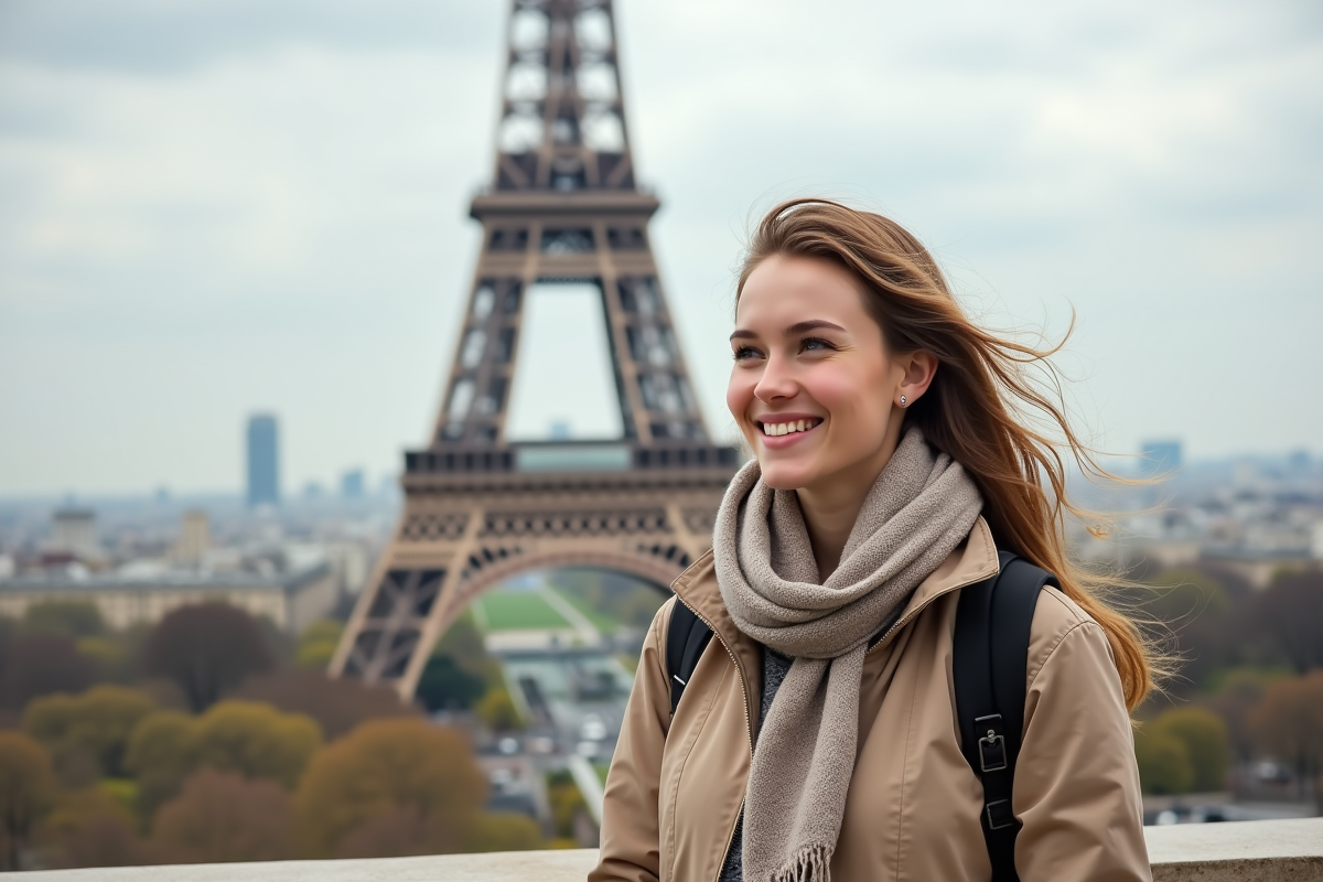 Jeune femme souriante devant la tour Eiffel à Paris