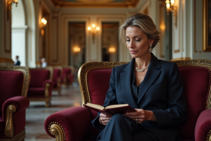 Femme élégante en costume navy dans un hall luxueux