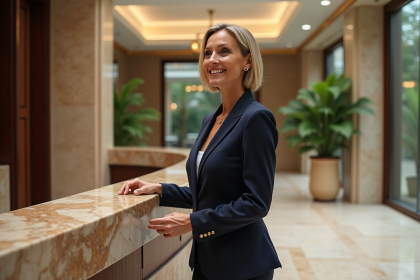 Femme élégante en costume dans un hôtel luxueux