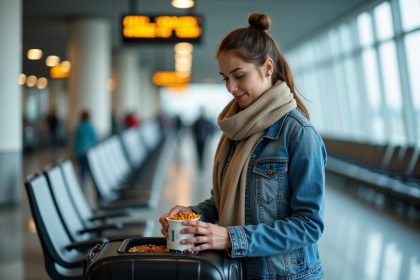 Femme préparant sa valise à l'aéroport pour un voyage