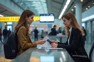 Femme enregistrement à l'aéroport avec passeport et billet