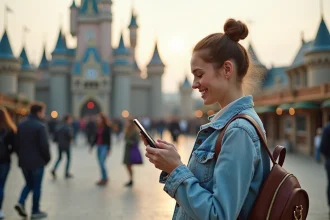 Jeune femme consultant l'application FastPASS Disneyland Paris à l'entrée du parc