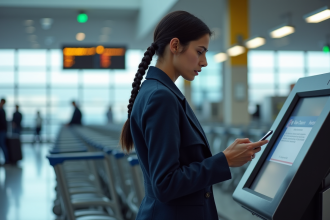 Femme au kiosque aéroport avec message d'erreur