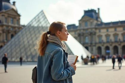 Femme contemplant la pyramide du Louvre lors d'une promenade