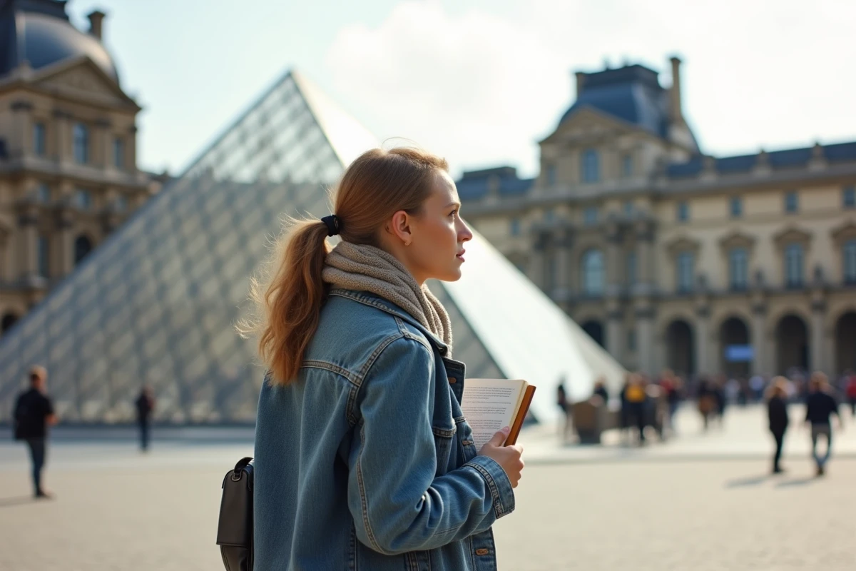 Femme contemplant la pyramide du Louvre lors d'une promenade